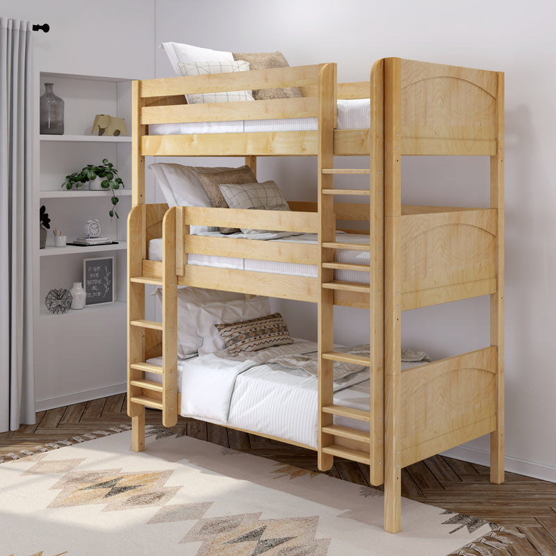 HOLY XL NP : Triple Bunk Classic Twin XL Triple Bunk Bed with Two Straight Ladders on Front, Natural Panel