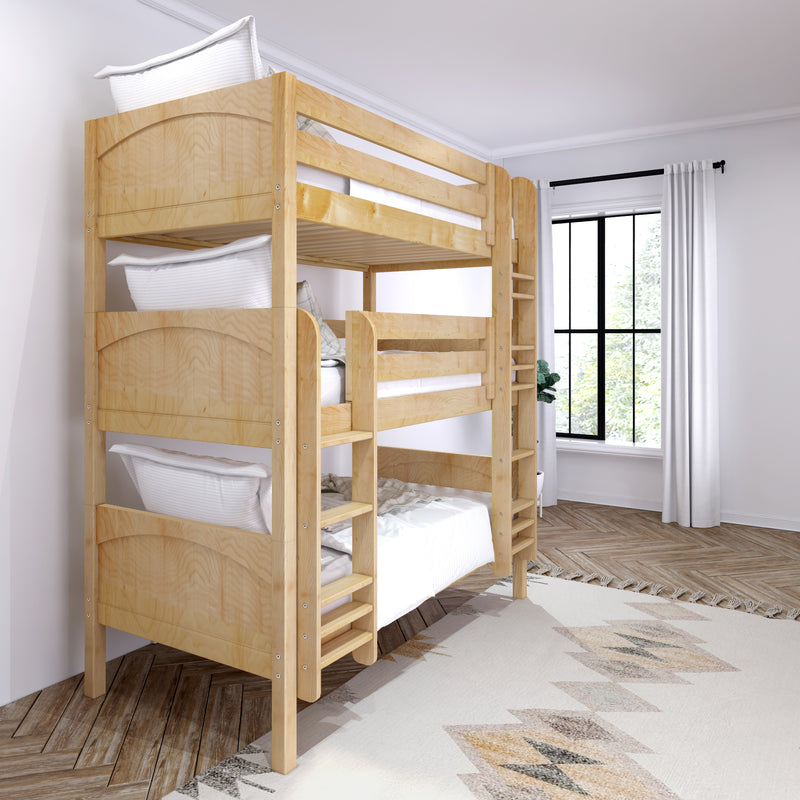 HOLY XL NP : Triple Bunk Classic Twin XL Triple Bunk Bed with Two Straight Ladders on Front, Natural Panel