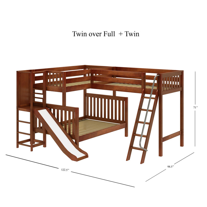 JUMBLE CS : Corner Loft Bunk High Twin over Full Corner Loft Bunk Bed with Ladder + Slide Platform, Slat, Chestnut