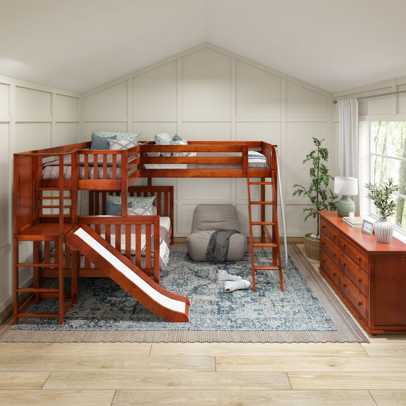 JUMBLE CS : Corner Loft Bunk High Twin over Full Corner Loft Bunk Bed with Ladder + Slide Platform, Slat, Chestnut