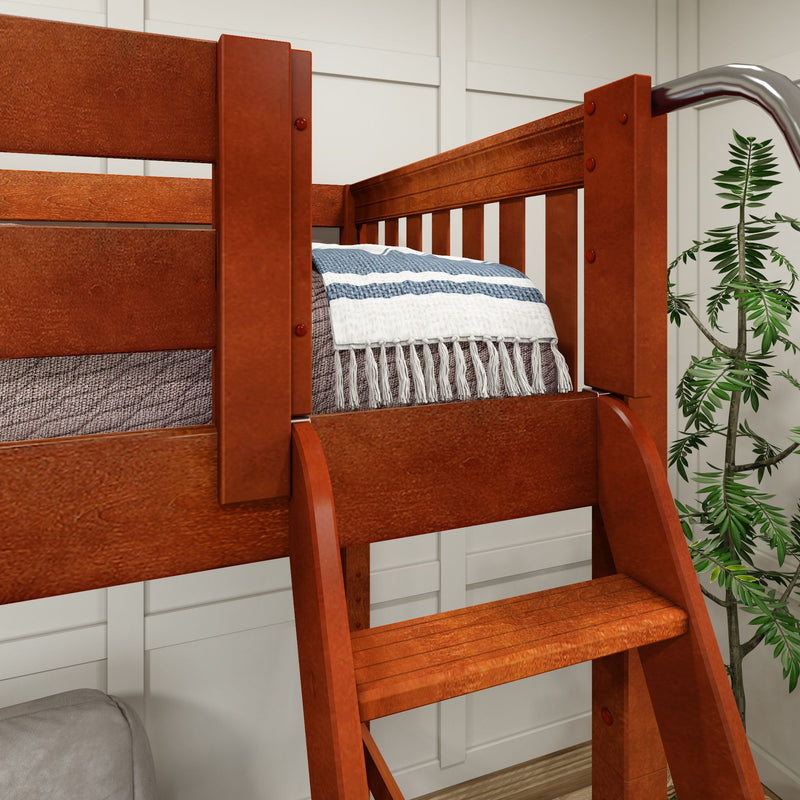 JUMBLE CS : Corner Loft Bunk High Twin over Full Corner Loft Bunk Bed with Ladder + Slide Platform, Slat, Chestnut
