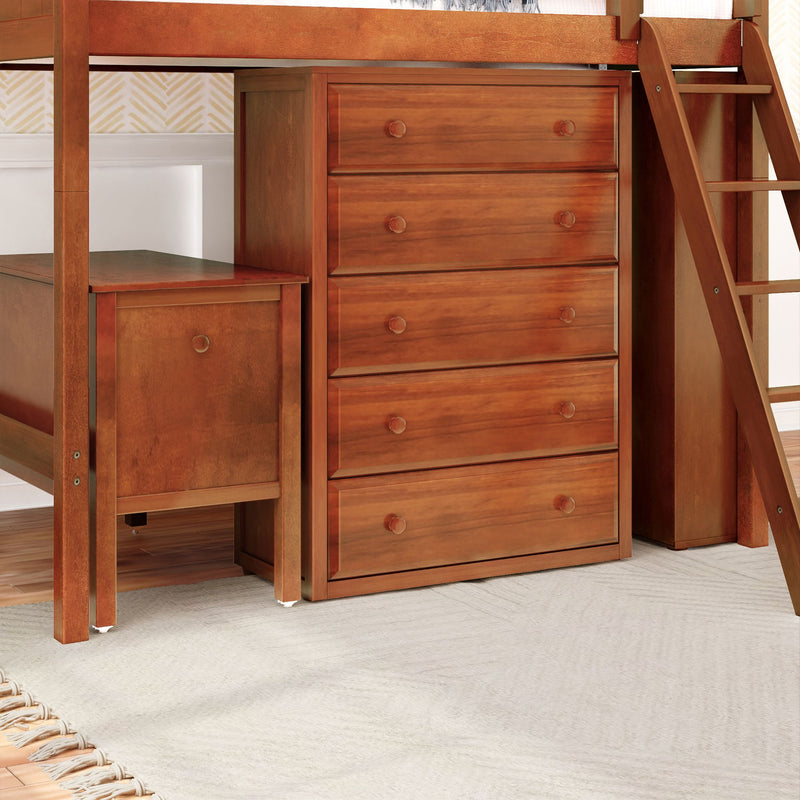 KAISER23 CP : Loft Bed Full High Loft w/ angled ladder, 5 drawer dresser, 2 drawer student desk, 15" High Bookcase, 37.5" High Bookcase, Panel, Chestnut