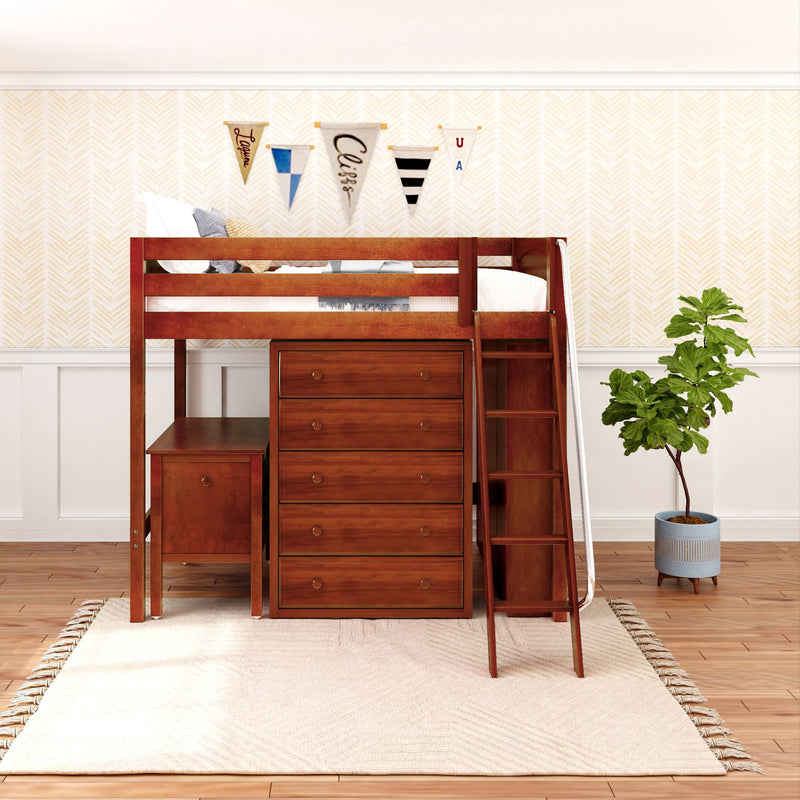 KAISER23 CP : Loft Bed Full High Loft w/ angled ladder, 5 drawer dresser, 2 drawer student desk, 15" High Bookcase, 37.5" High Bookcase, Panel, Chestnut