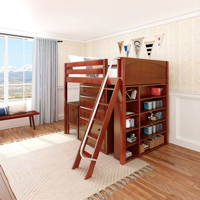 KAISER23 CP : Loft Bed Full High Loft w/ angled ladder, 5 drawer dresser, 2 drawer student desk, 15" High Bookcase, 37.5" High Bookcase, Panel, Chestnut