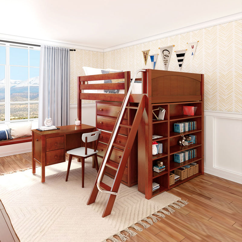 KAISER23 CP : Loft Bed Full High Loft w/ angled ladder, 5 drawer dresser, 2 drawer student desk, 15" High Bookcase, 37.5" High Bookcase, Panel, Chestnut