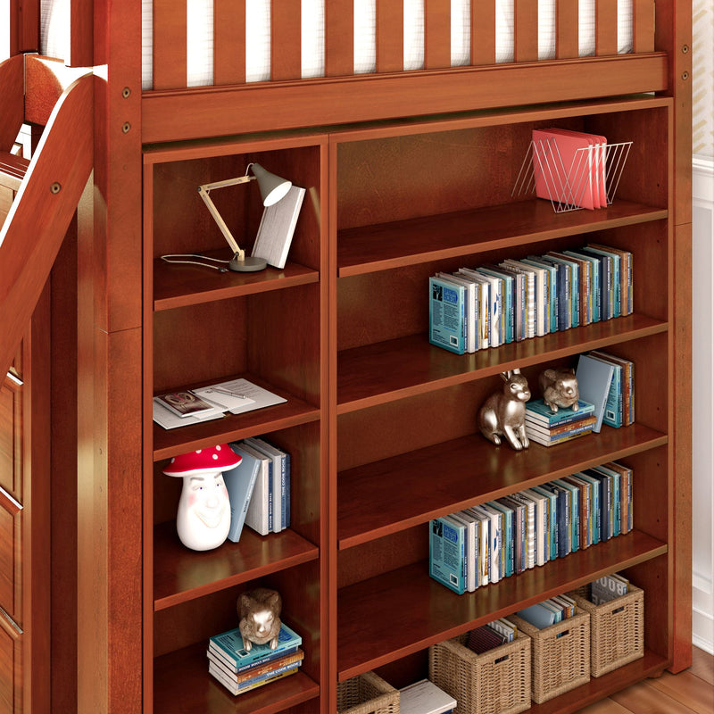 KAISER23 CP : Loft Bed Full High Loft w/ angled ladder, 5 drawer dresser, 2 drawer student desk, 15" High Bookcase, 37.5" High Bookcase, Panel, Chestnut