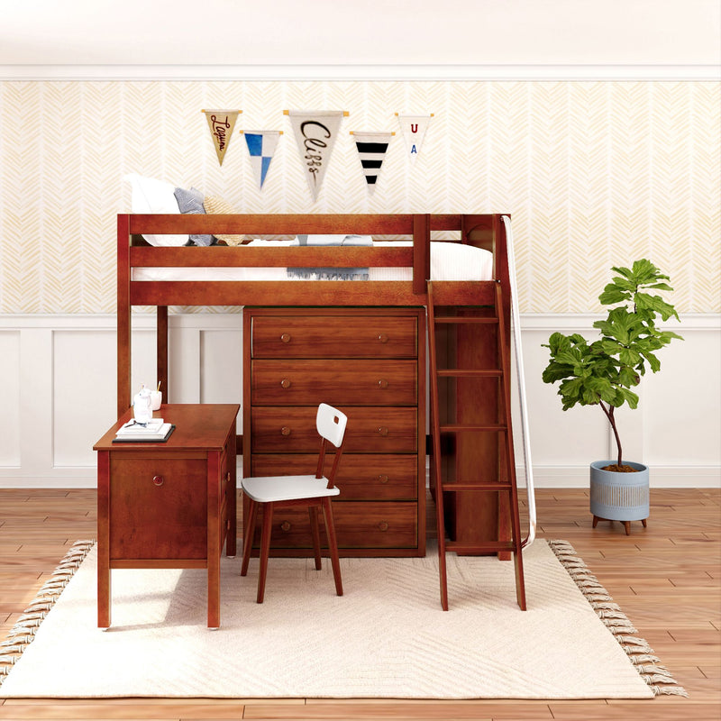 KAISER23 CP : Loft Bed Full High Loft w/ angled ladder, 5 drawer dresser, 2 drawer student desk, 15" High Bookcase, 37.5" High Bookcase, Panel, Chestnut