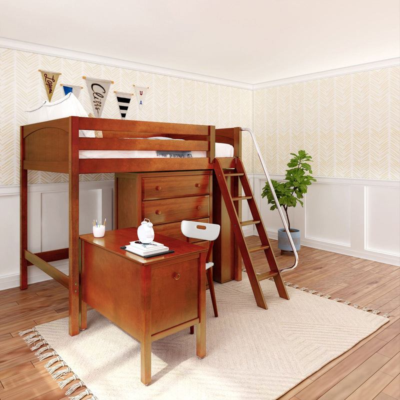 KAISER23 CP : Loft Bed Full High Loft w/ angled ladder, 5 drawer dresser, 2 drawer student desk, 15" High Bookcase, 37.5" High Bookcase, Panel, Chestnut
