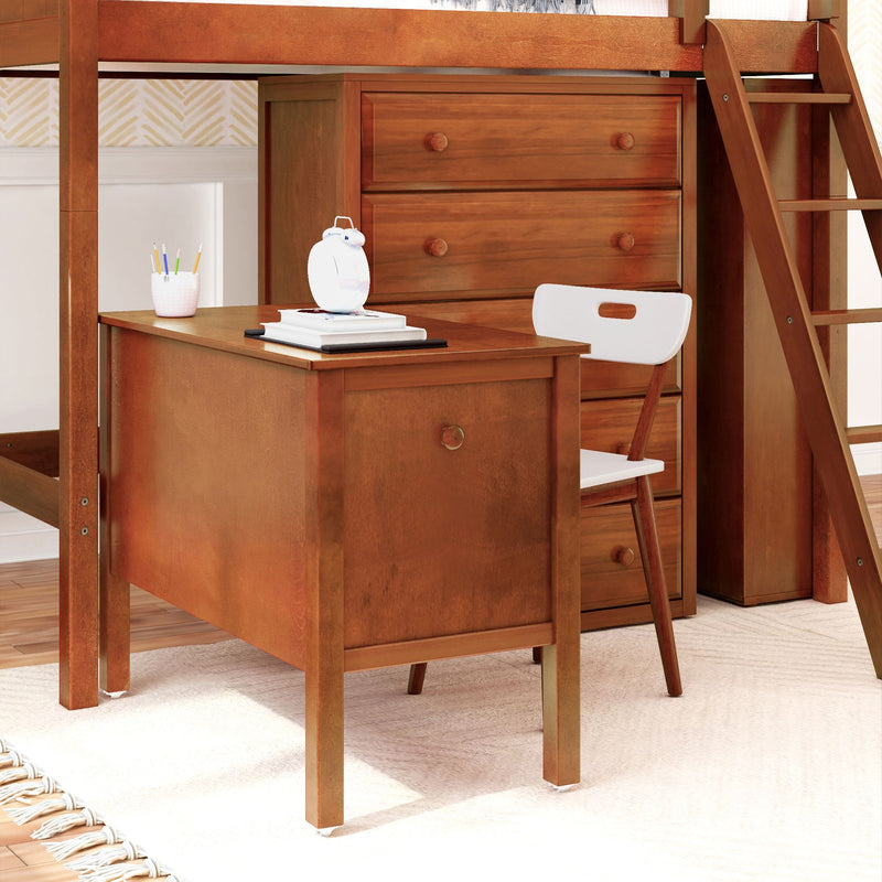KAISER23 CP : Loft Bed Full High Loft w/ angled ladder, 5 drawer dresser, 2 drawer student desk, 15" High Bookcase, 37.5" High Bookcase, Panel, Chestnut