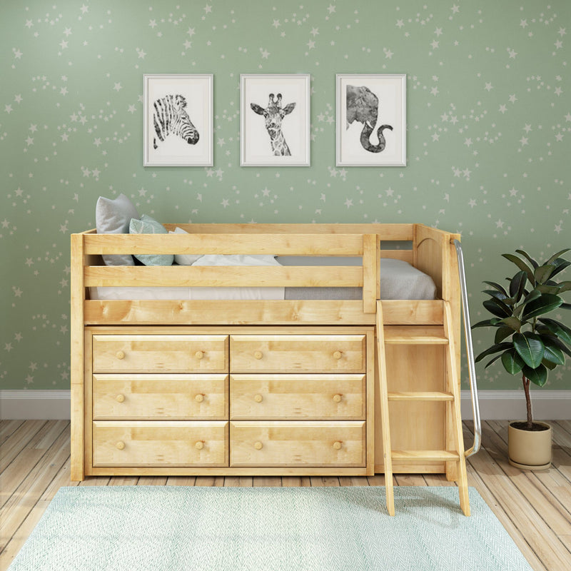 KICKS12 NP : Loft Bed Low Loft Bed with Cube & 6 Drawer Dressers, Twin, Panel, Natural