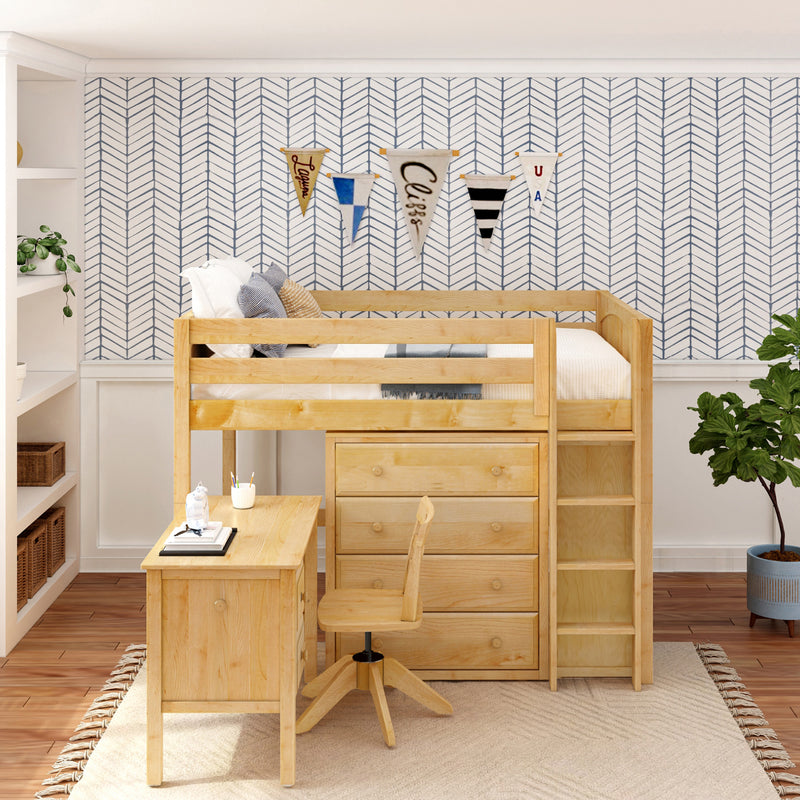 KING11 NP : Loft Bed Full Mid Loft w/ Straight ladder, 2X4 drawer dressers, 2 drawer student desk, 15" Mid Bookcase, Panel, Natural