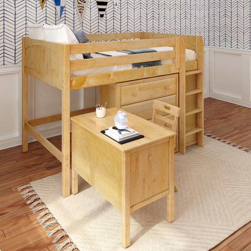 KING11 NP : Loft Bed Full Mid Loft w/ Straight ladder, 2X4 drawer dressers, 2 drawer student desk, 15" Mid Bookcase, Panel, Natural