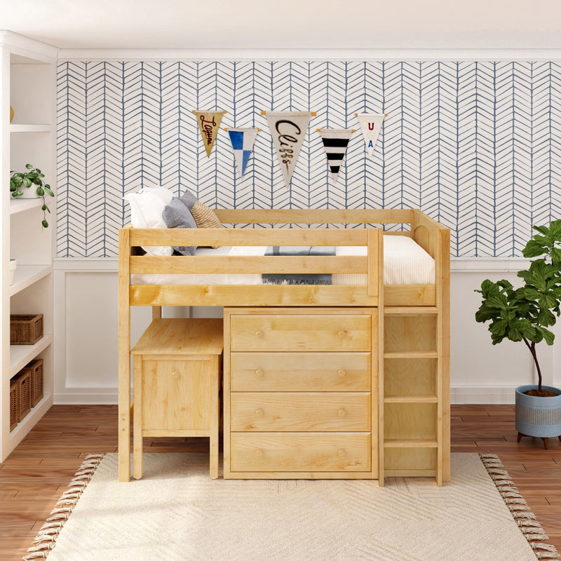 KING11 NP : Loft Bed Full Mid Loft w/ Straight ladder, 2X4 drawer dressers, 2 drawer student desk, 15" Mid Bookcase, Panel, Natural