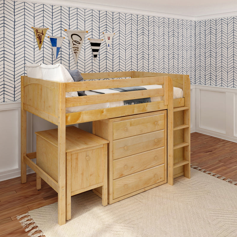 KING11 NP : Loft Bed Full Mid Loft w/ Straight ladder, 2X4 drawer dressers, 2 drawer student desk, 15" Mid Bookcase, Panel, Natural