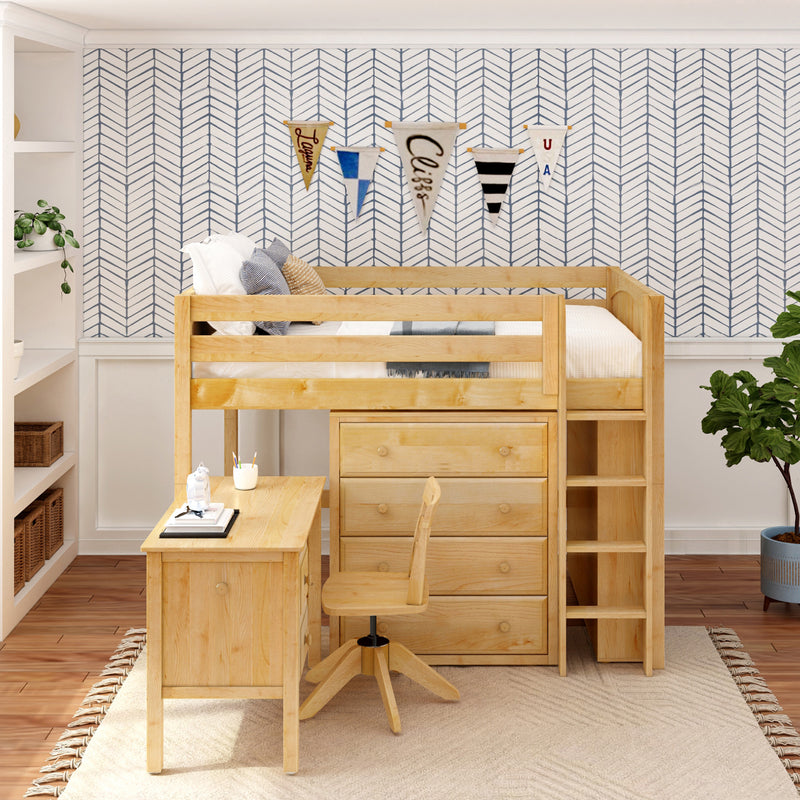 KING13 NP : Loft Bed Full Mid Loft w/ Straight ladder, 4 drawer dressers, 2 drawer student desk, 52.5" Mid Bookcase, Panel, Natural