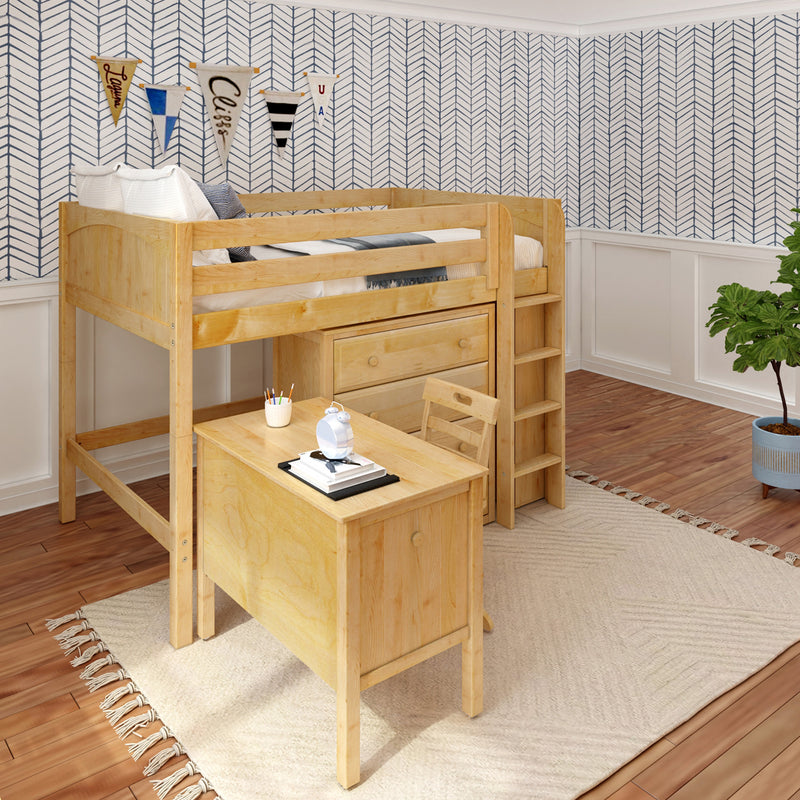 KING13 NP : Loft Bed Full Mid Loft w/ Straight ladder, 4 drawer dressers, 2 drawer student desk, 52.5" Mid Bookcase, Panel, Natural