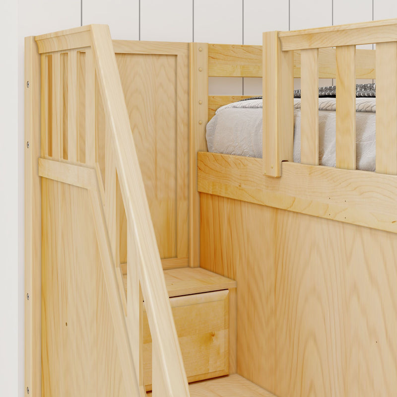 PEAK NS : Corner Loft Bed Full + Twin High Corner Loft Bed with Stairs + Angled Ladder on Right on Front, Natural Birch Slats