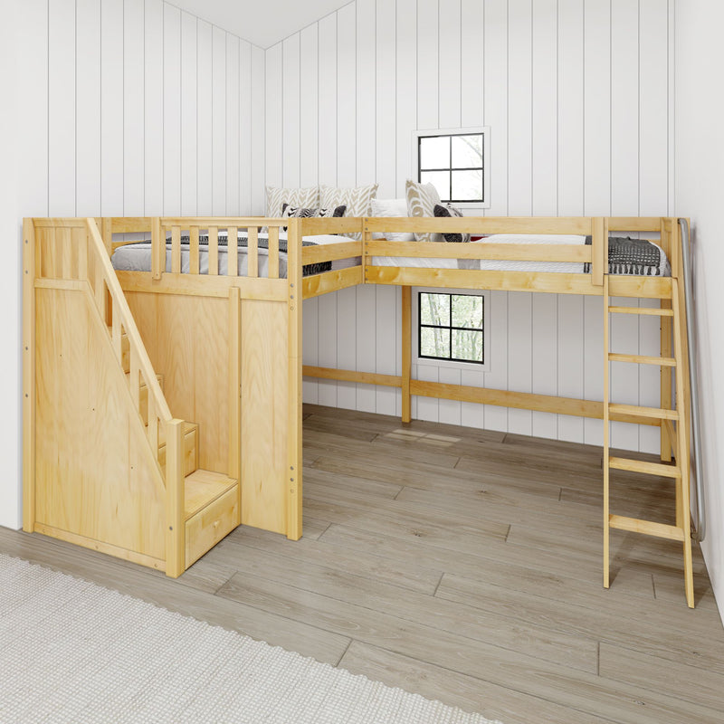 PEAK NS : Corner Loft Bed Full + Twin High Corner Loft Bed with Stairs + Angled Ladder on Right on Front, Natural Birch Slats
