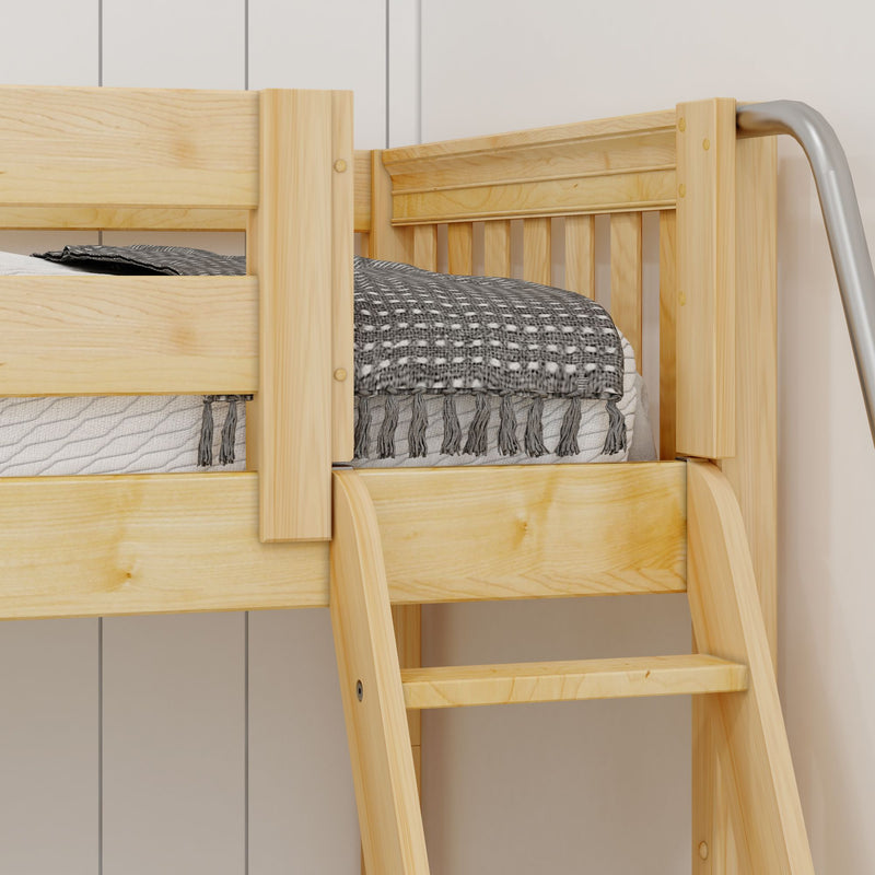 PEAK NS : Corner Loft Bed Full + Twin High Corner Loft Bed with Stairs + Angled Ladder on Right on Front, Natural Birch Slats