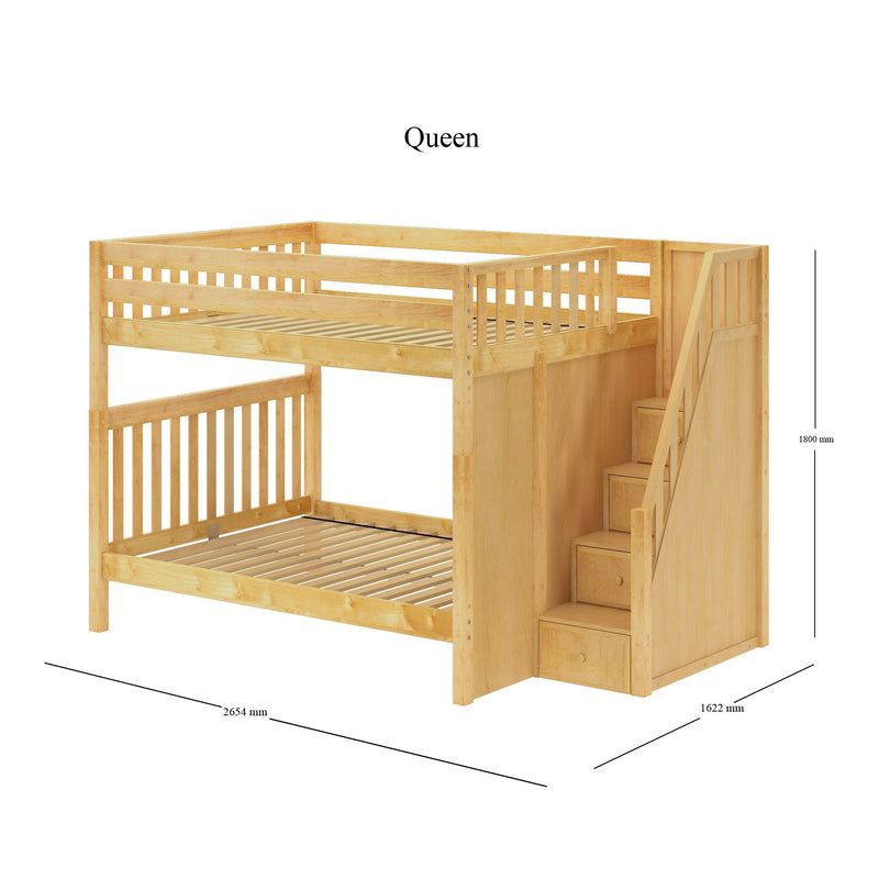POPPER XL NS : Bunk Bed Classic High Queen Bunk Bed with Stairs on End, Natural Birch Slats