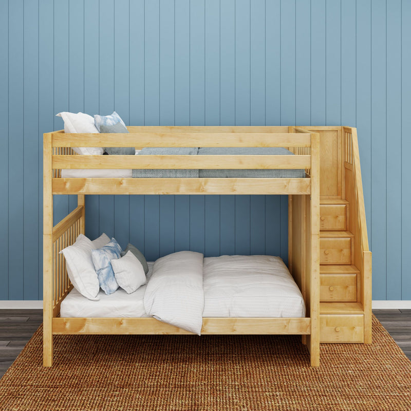 POPPER XL NS : Bunk Bed Classic High Queen Bunk Bed with Stairs on End, Natural Birch Slats