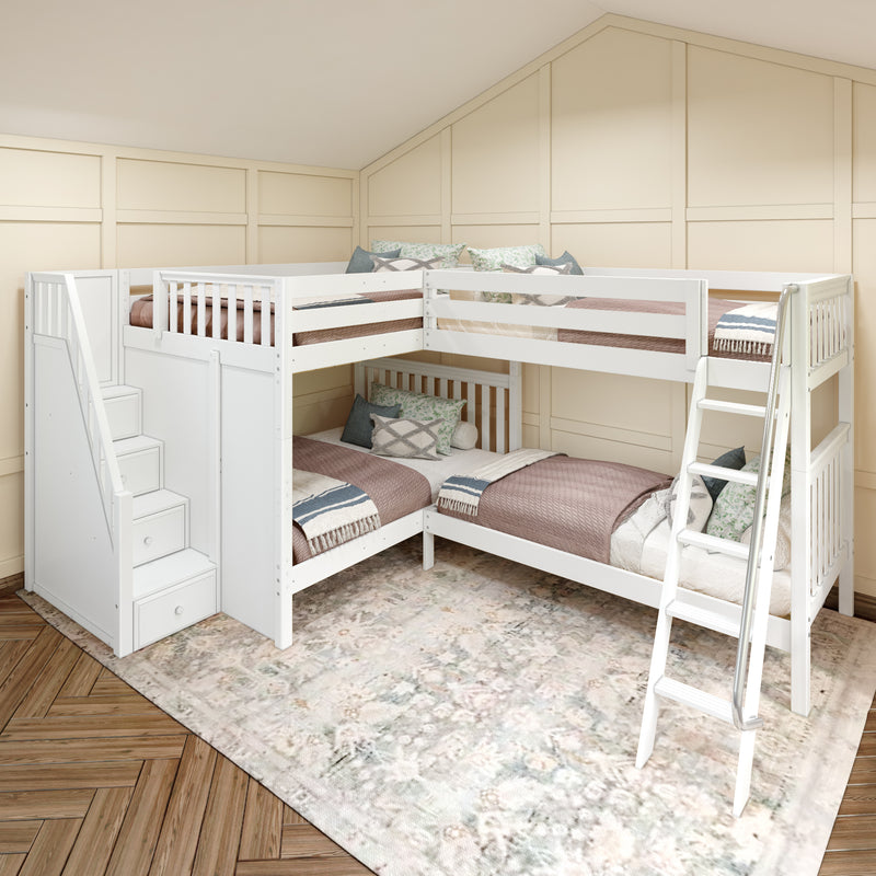 QUADRIVIAL XL WS : Quad Corner Bunk Queen + Twin XL High Quad Corner Bunk with Stairs + Angled Ladder on Right Front, Classic White Slats