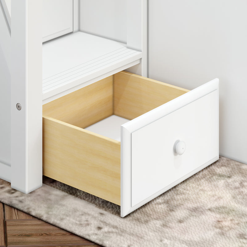 QUADRIVIAL XL WS : Quad Corner Bunk Queen + Twin XL High Quad Corner Bunk with Stairs + Angled Ladder on Right Front, Classic White Slats