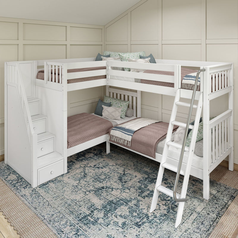 QUARTILE XL WS : Quad Corner Bunk Twin XL High Quad Corner Bunk with Stairs + Angled Ladder on Right Front, Classic White Slats