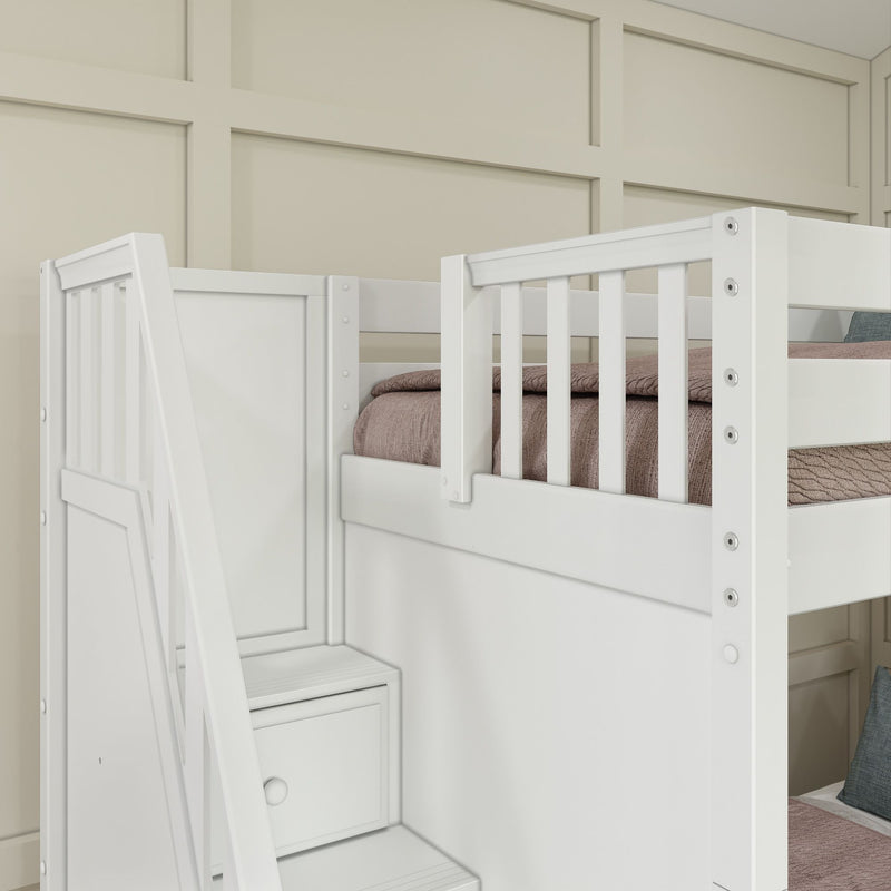 QUARTILE XL WS : Quad Corner Bunk Twin XL High Quad Corner Bunk with Stairs + Angled Ladder on Right Front, Classic White Slats