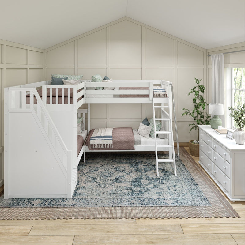QUARTILE XL WS : Quad Corner Bunk Twin XL High Quad Corner Bunk with Stairs + Angled Ladder on Right Front, Classic White Slats