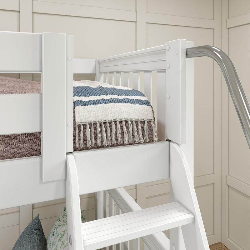 QUARTILE XL WS : Quad Corner Bunk Twin XL High Quad Corner Bunk with Stairs + Angled Ladder on Right Front, Classic White Slats