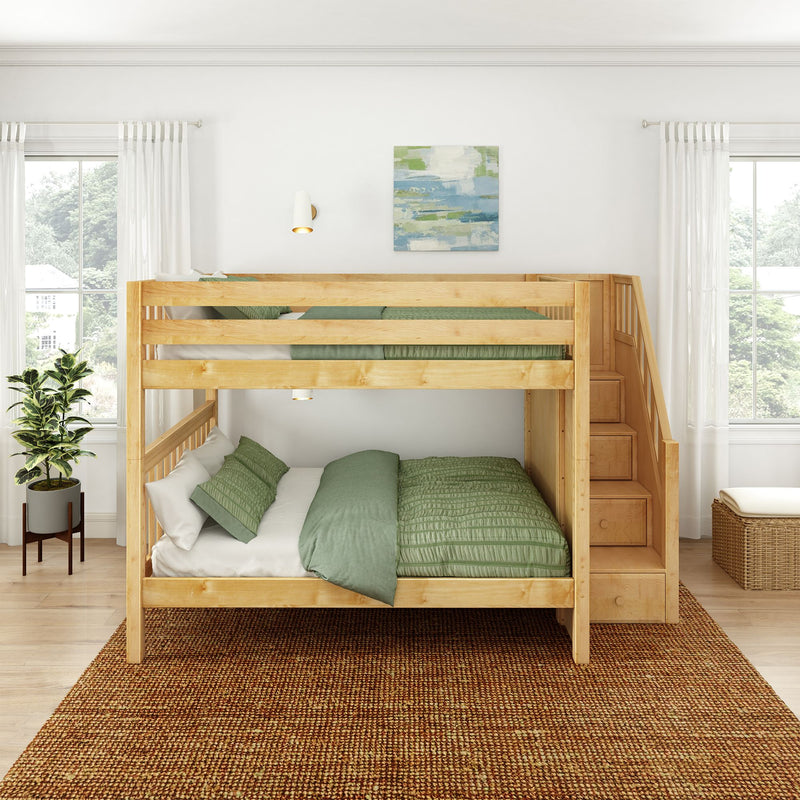 QUASAR NS : Bunk Bed Classic Mid Full Bunk Bed with Stairs on End, Natural Birch Slats