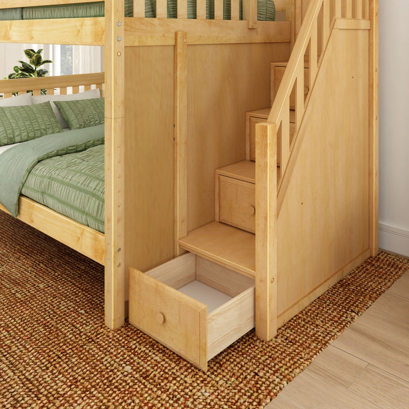 QUASAR NS : Bunk Bed Classic Mid Full Bunk Bed with Stairs on End, Natural Birch Slats