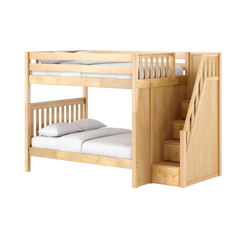QUASAR NS : Bunk Bed Classic Mid Full Bunk Bed with Stairs on End, Natural Birch Slats
