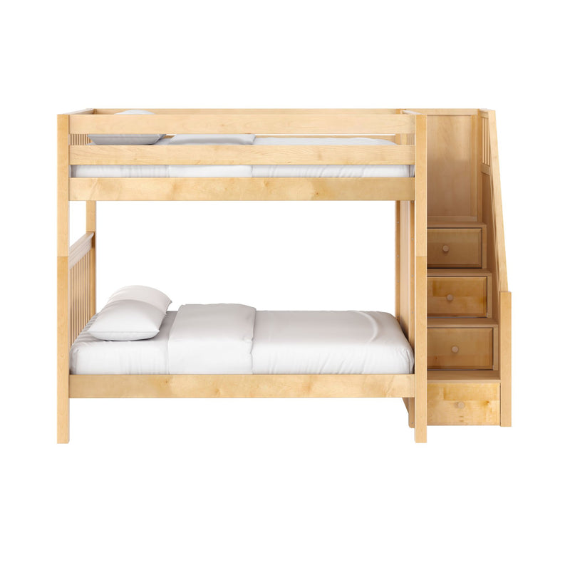 QUASAR NS : Bunk Bed Classic Mid Full Bunk Bed with Stairs on End, Natural Birch Slats