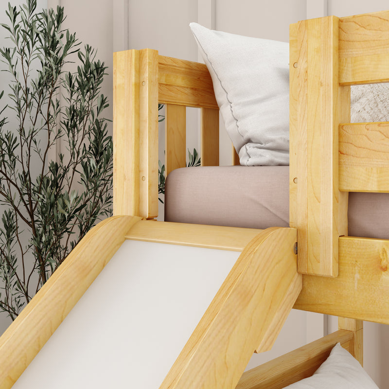 SLICK NS : Bunk Bed Classic Mid Twin over Full Bunk Bed with Slide and Angled Ladder on Front, Natural Birch Slats