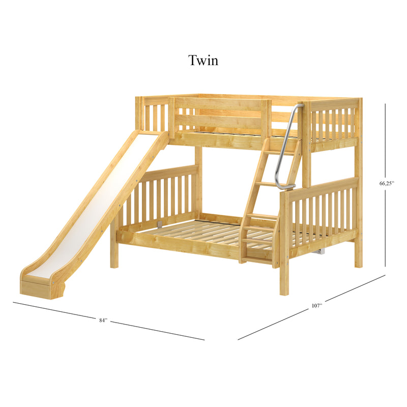 SLICK NS : Bunk Bed Classic Mid Twin over Full Bunk Bed with Slide and Angled Ladder on Front, Natural Birch Slats