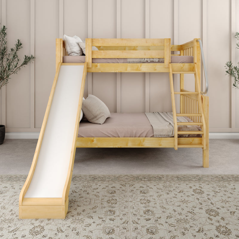 SLICK NS : Bunk Bed Classic Mid Twin over Full Bunk Bed with Slide and Angled Ladder on Front, Natural Birch Slats