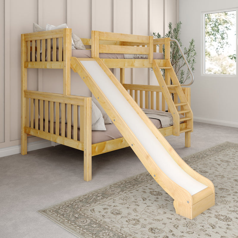 SLICK NS : Bunk Bed Classic Mid Twin over Full Bunk Bed with Slide and Angled Ladder on Front, Natural Birch Slats
