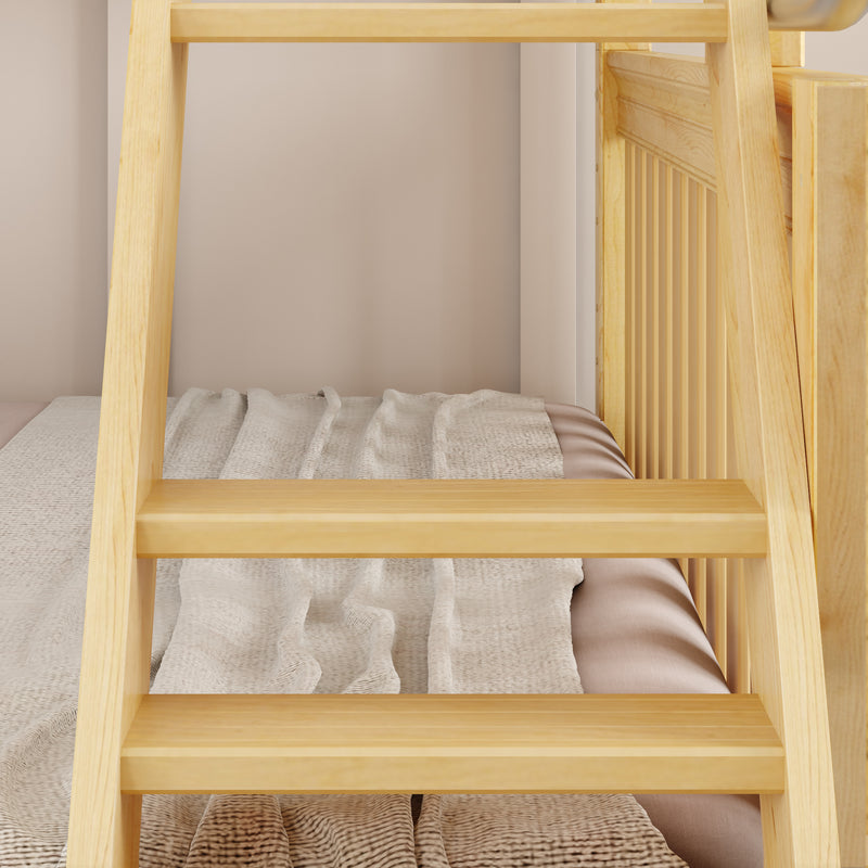 SLICK NS : Bunk Bed Classic Mid Twin over Full Bunk Bed with Slide and Angled Ladder on Front, Natural Birch Slats
