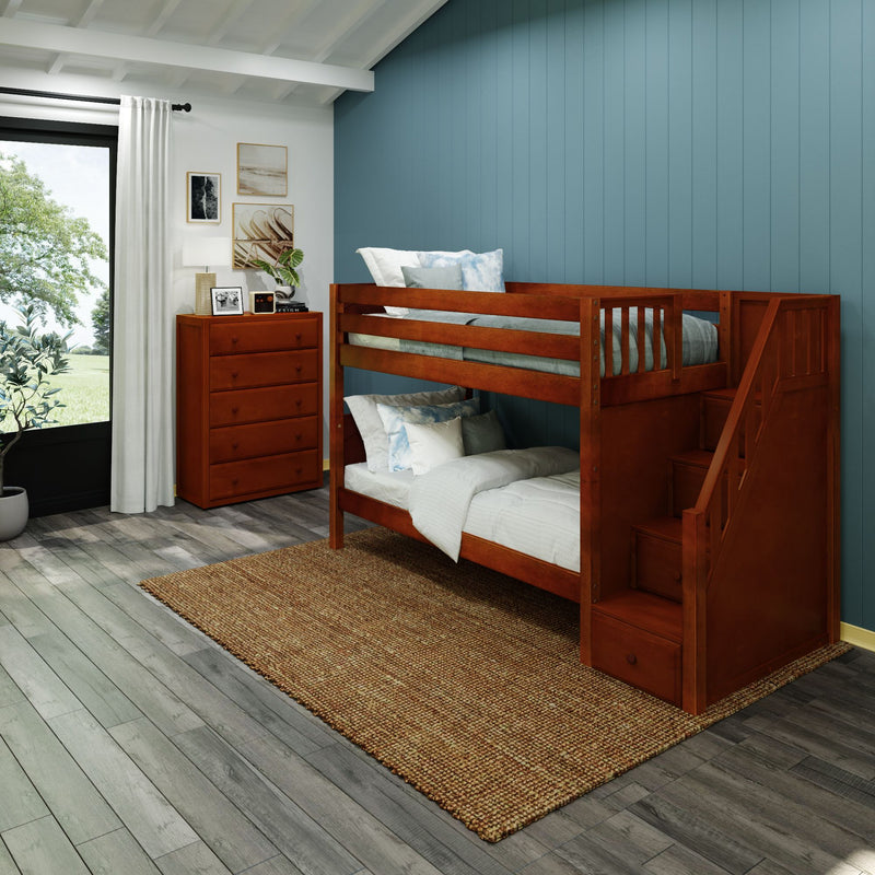 STACKER CP : Bunk Bed Classic Low Twin Bunk Bed with Stairs on End, Chestnut Panel