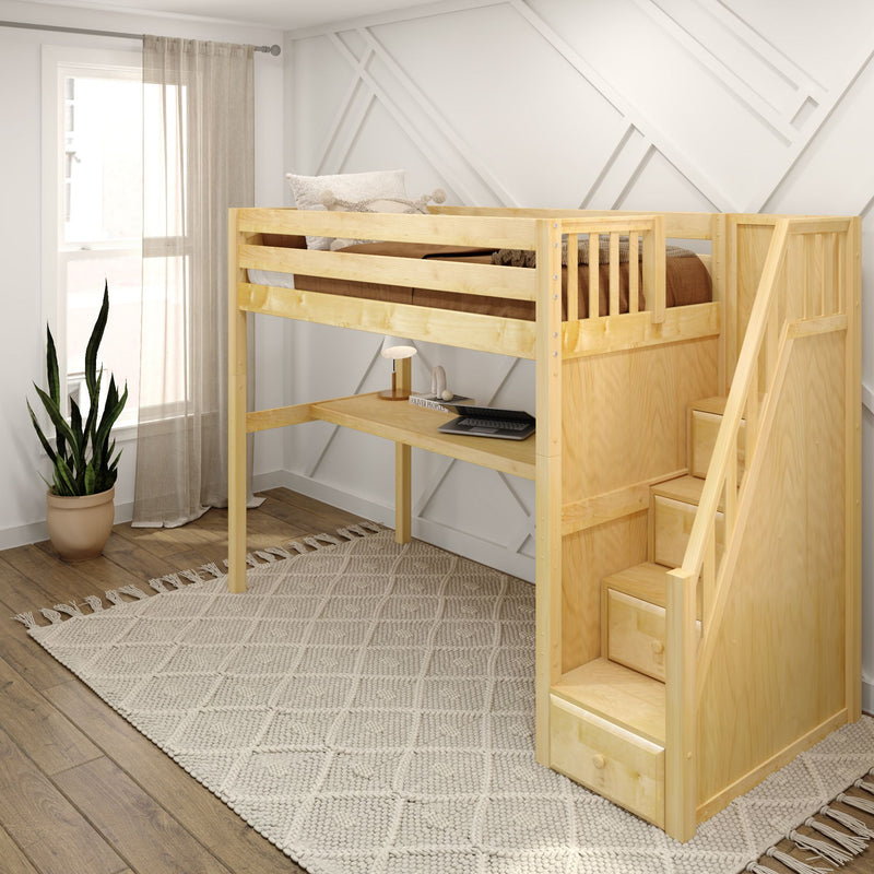 STAR11 NP : Loft Bed Twin High Loft Study Bed with Long Desk and Stairs on End, Natural Birch Panel