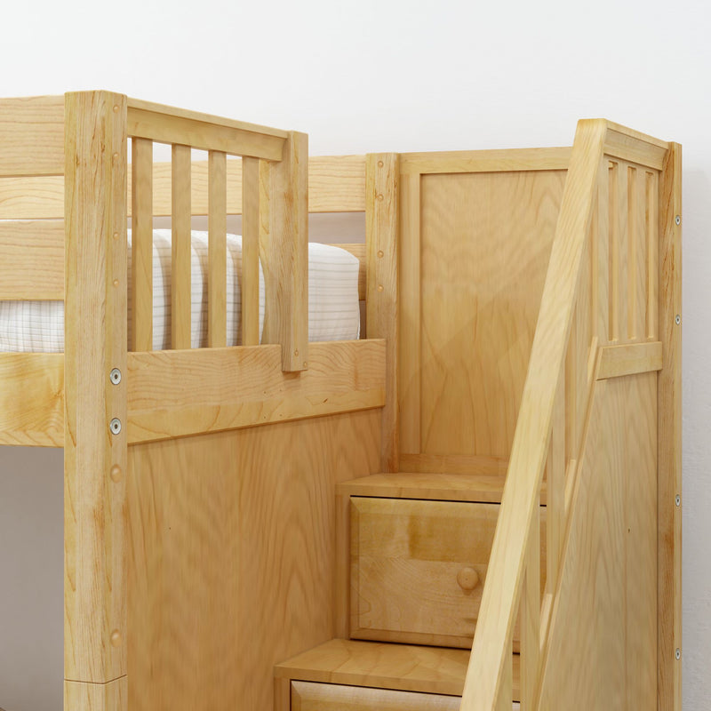 STAR11 NS : Loft Bed Twin High Loft Study Bed with Long Desk and Stairs on End, Natural Birch Slats