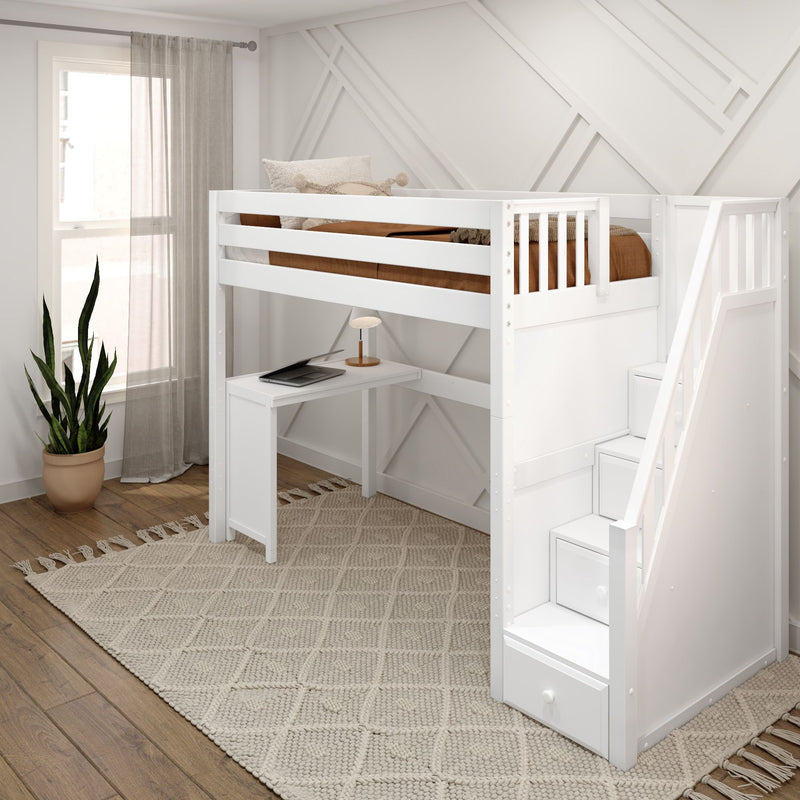 STAR15 WP : Loft Bed Twin High Loft Study Bed with Corner Desk and Stairs on End, Classic White Panel