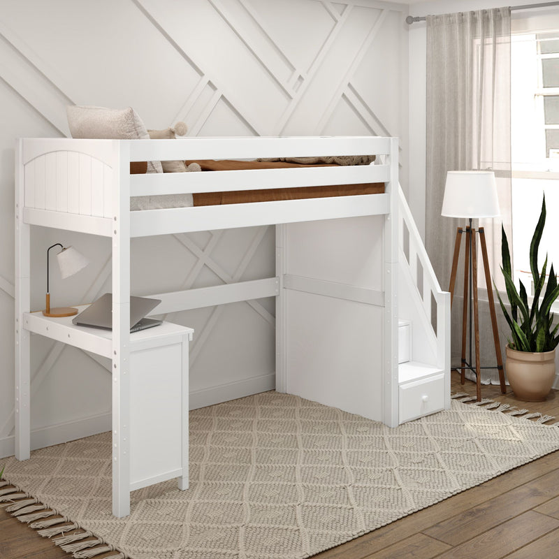 STAR15 WP : Loft Bed Twin High Loft Study Bed with Corner Desk and Stairs on End, Classic White Panel