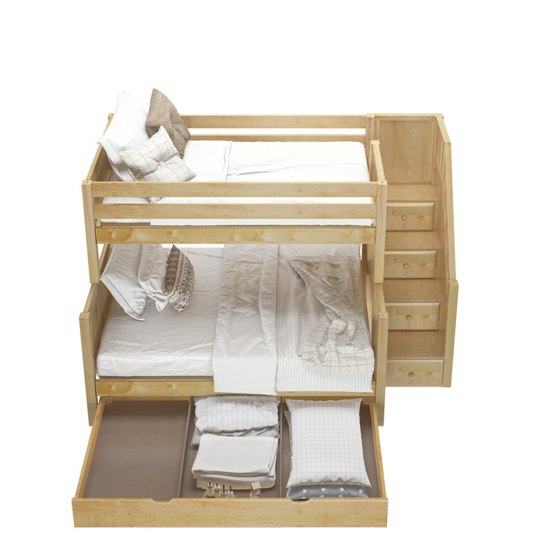 SUMO TD NP : Bunk Bed Medium Twin over Full Bunk Bed with Stairs and Trundle Drawer, Panel, Natural