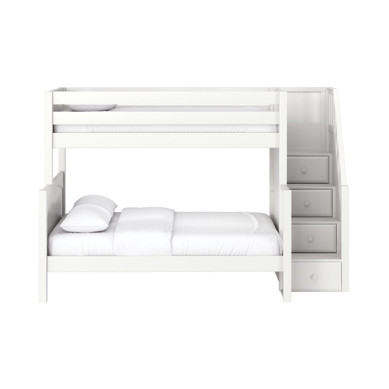 SUMO WP : Bunk Bed Classic Mid Twin over Full Bunk Bed with Stairs on End, Classic White Panel