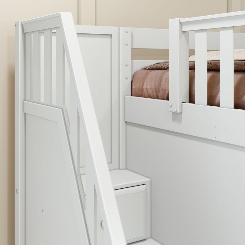 TREBLE WS : Corner Loft Bunk Full + Twin High Corner Loft Bunk with Stairs + Angled Ladder on Right Front, Classic White Slats