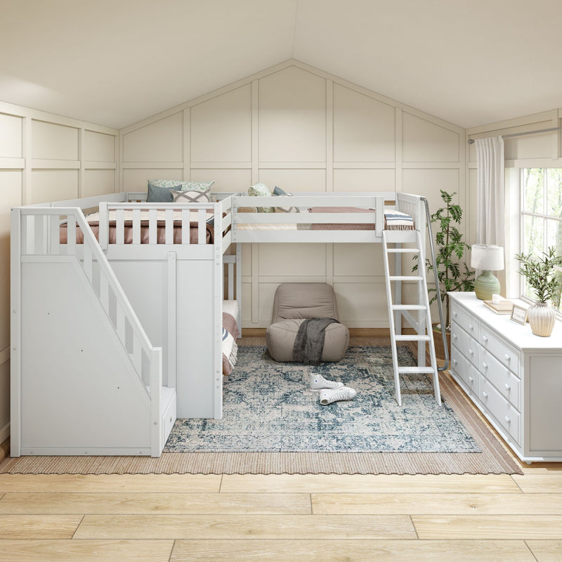 TREBLE WS : Corner Loft Bunk Full + Twin High Corner Loft Bunk with Stairs + Angled Ladder on Right Front, Classic White Slats
