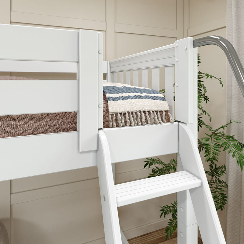 TREBLE WS : Corner Loft Bunk Full + Twin High Corner Loft Bunk with Stairs + Angled Ladder on Right Front, Classic White Slats